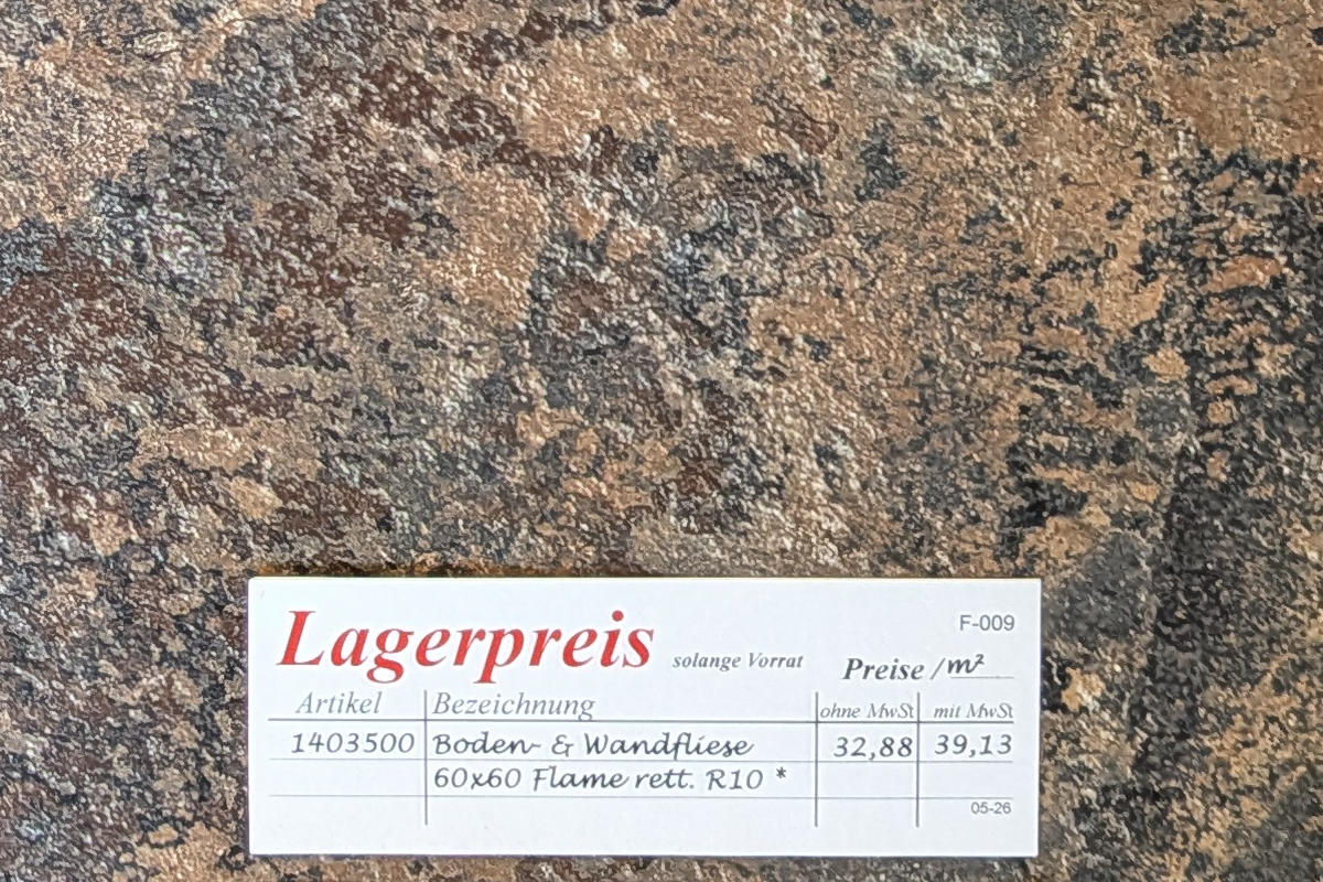 Steinoptik aus dem Lagerprogramm mit Lagerpreis-Etikett