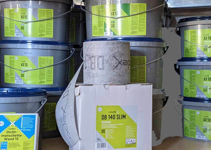 Flüssigabdichtung codex AX 10, Dichtband codex DB 140 SLIM und codex Dichtmanschetten Wand 15