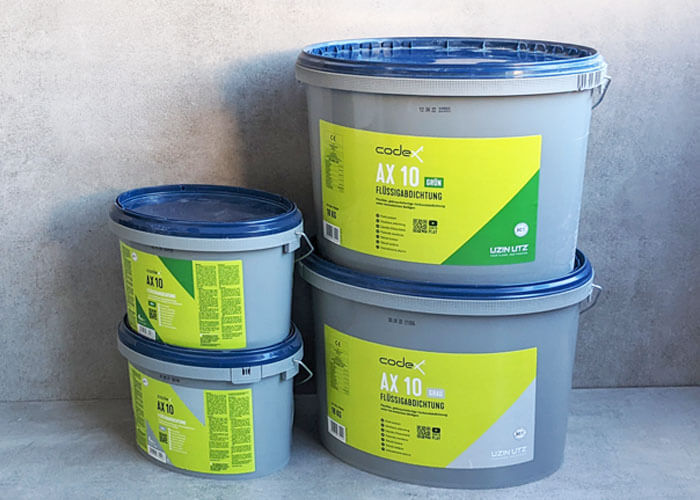 Flüssigabdichtung codex AX 10 in 4 kg und 10 kg Gebinde in Produktfarbe grau und grün