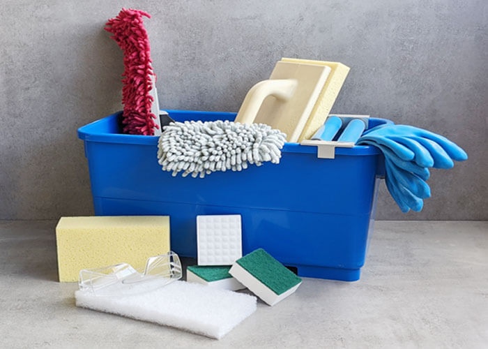 Blaues Wasch-Set, Schutzbrille, Pad, Mikrofaser-Mop, Radierschwamm, Handschwamm und Naturkautschuk-Handschuhe