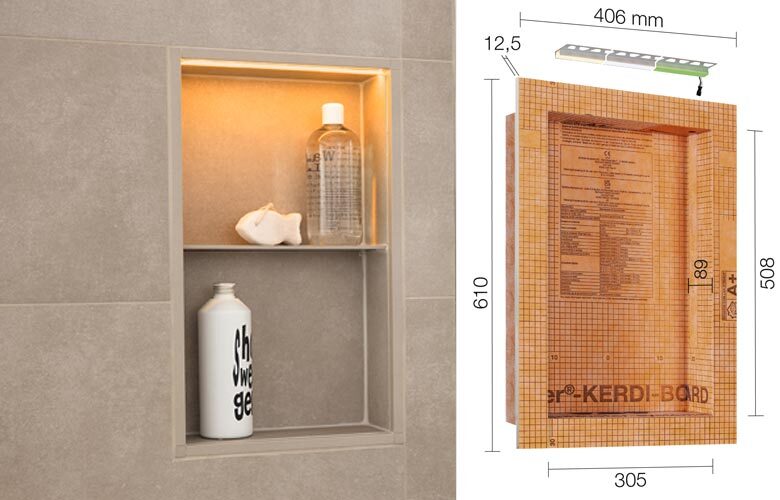 Fertig geflieste Shampoo-Nische mit SHELF-Ablage und die vorgefertigte Nische für den praktischen Einbau