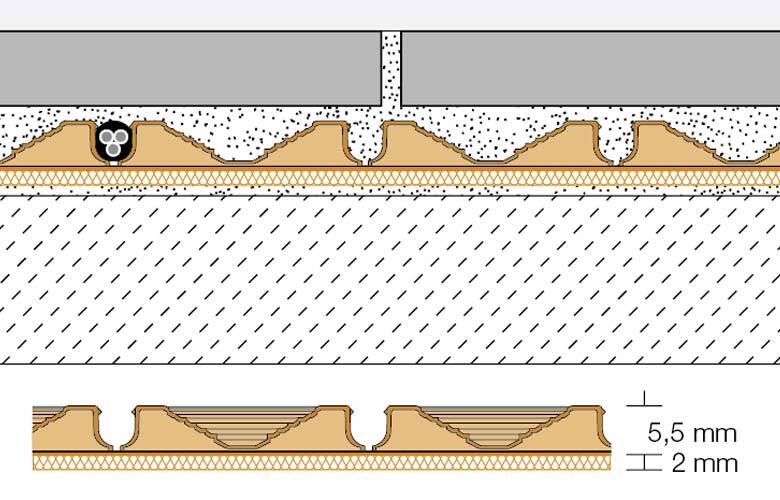 Schnittzeichnung - Schlüter-DITRA-HEAT-DUO mit geringer Aufbauhöhe für Sanierung im Raum Übersee und Waging
